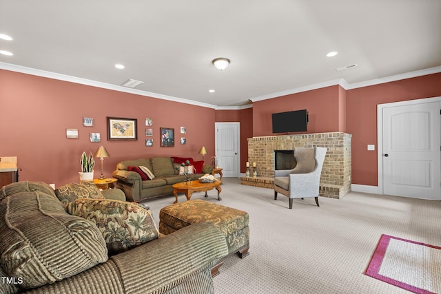 living room with light colored carpet, a brick fireplace, and ornamental molding