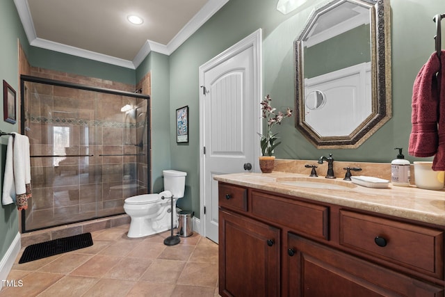 bathroom featuring tile patterned flooring, vanity, walk in shower, and crown molding