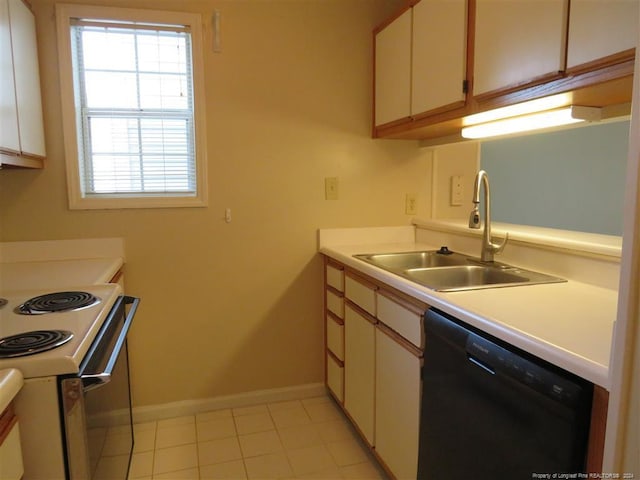 kitchen with white cabinets, electric stove, sink, dishwasher, and light tile patterned flooring