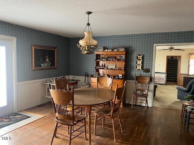 dining area featuring ceiling fan with notable chandelier, wood-type flooring, and a textured ceiling