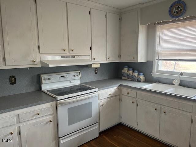 kitchen featuring white cabinetry, white range with electric stovetop, tasteful backsplash, dark wood-type flooring, and sink