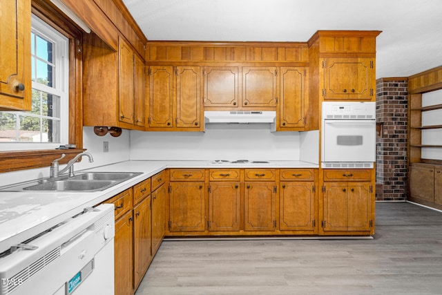 kitchen featuring white appliances, light hardwood / wood-style floors, and sink