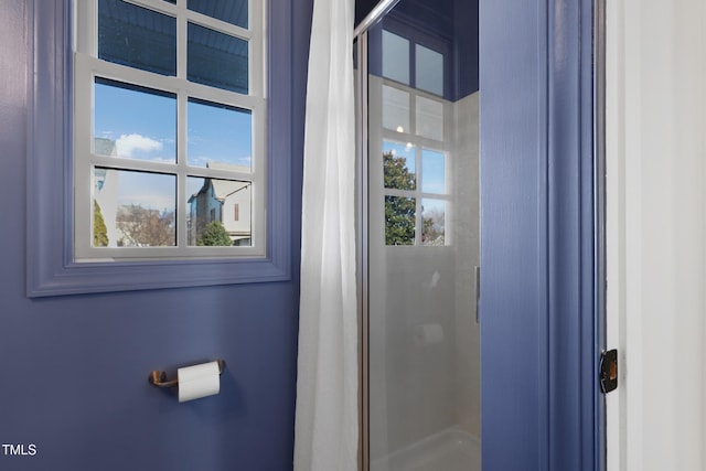 bathroom featuring a healthy amount of sunlight and a shower with shower door