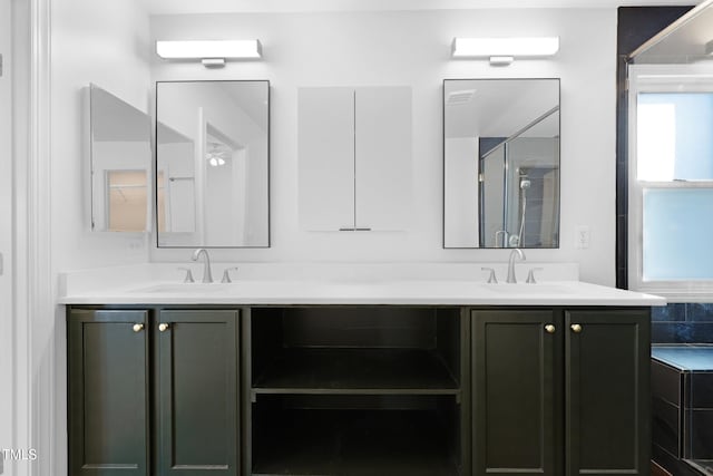 bathroom featuring vanity and a shower with door