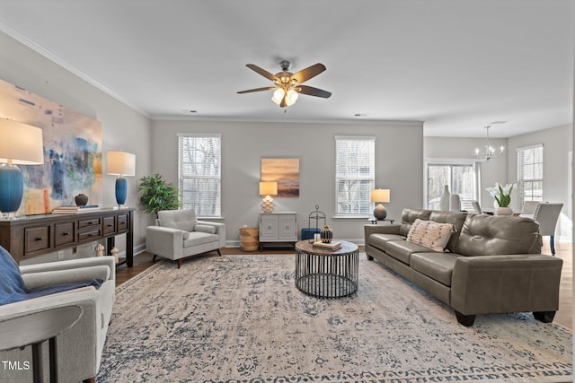 living room featuring hardwood / wood-style flooring, ornamental molding, a healthy amount of sunlight, and ceiling fan with notable chandelier