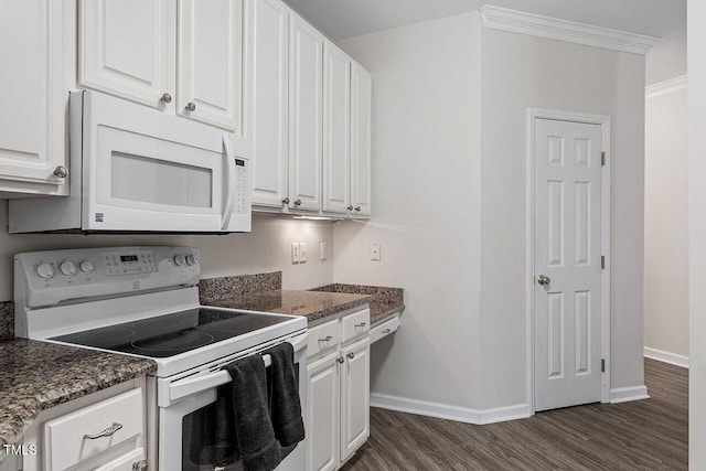 524 Glenolden Ct, Cary, NC 27513 - kitchen with white appliances, white cabinetry, ornamental molding, dark wood-type flooring, and dark stone countertops