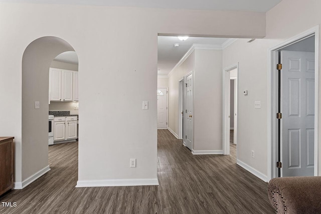 corridor featuring dark hardwood / wood-style floors and crown molding