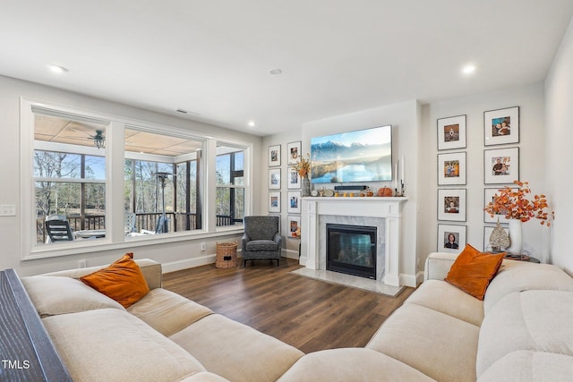 living room with a fireplace and dark hardwood / wood-style floors