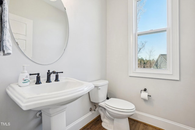 bathroom with toilet and hardwood / wood-style floors