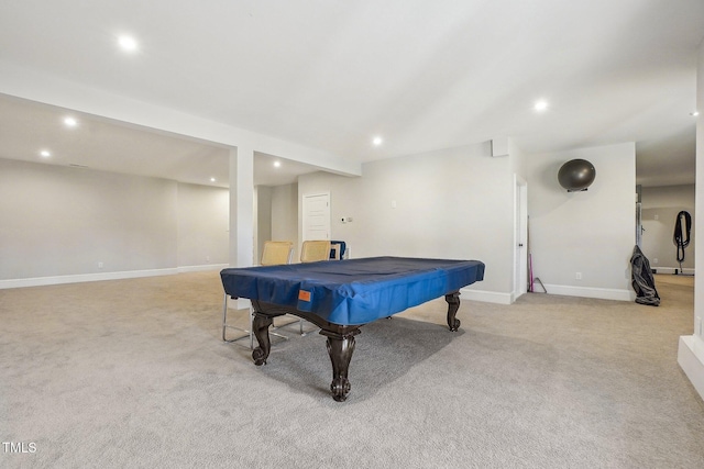 recreation room featuring billiards and light carpet