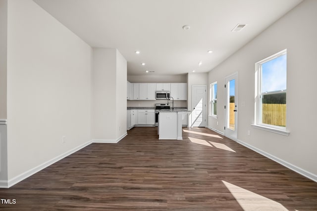 unfurnished living room with sink and dark wood-type flooring