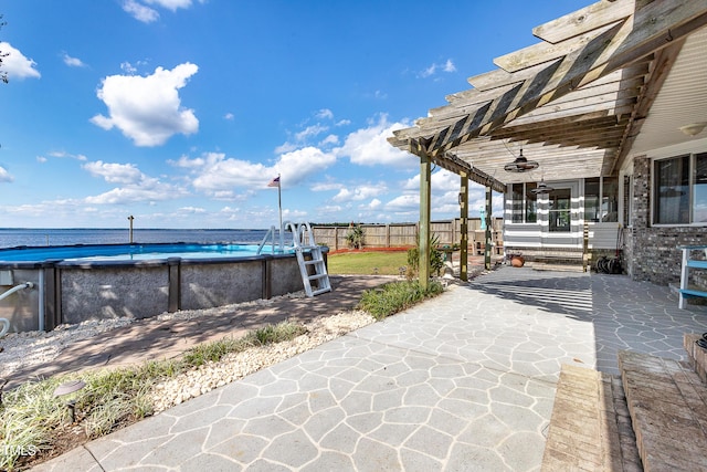 view of patio / terrace featuring a fenced in pool and a water view