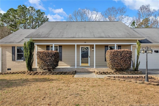 58 Bayleaf Ln, Sanford, NC 27332 - ranch-style house with an attached garage, a front yard, brick siding, driveway, and covered porch