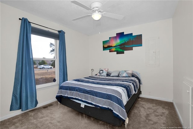 58 Bayleaf Ln, Sanford, NC 27332 - carpeted bedroom with electric panel, baseboards, visible vents, and a ceiling fan