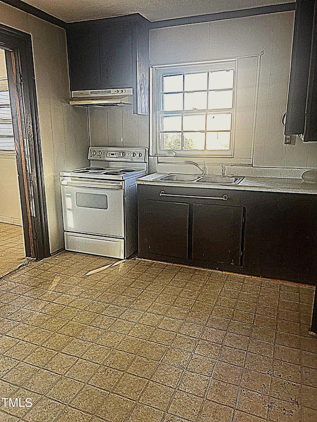 kitchen featuring white electric stove, under cabinet range hood, tile patterned floors, and a sink