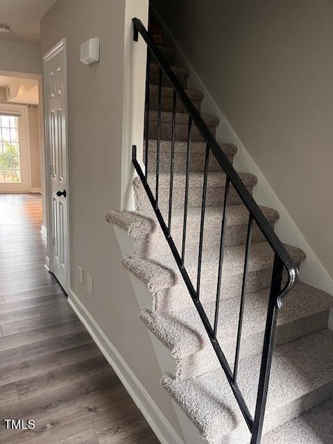 staircase with hardwood / wood-style flooring