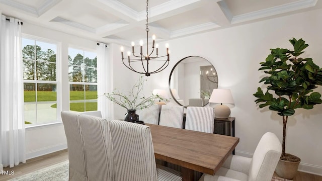 dining area featuring coffered ceiling, beamed ceiling, a chandelier, light hardwood / wood-style floors, and ornamental molding