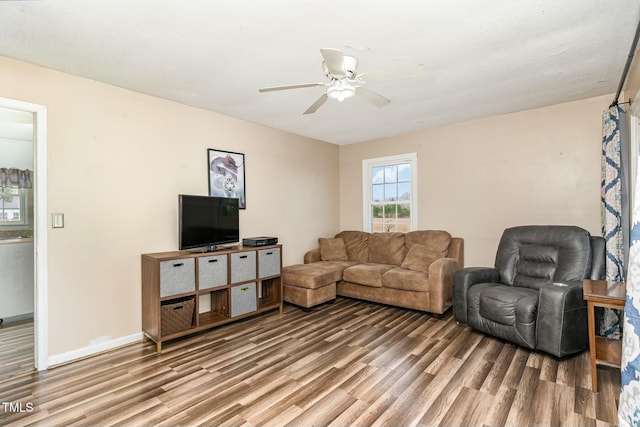 living room featuring ceiling fan and wood-type flooring