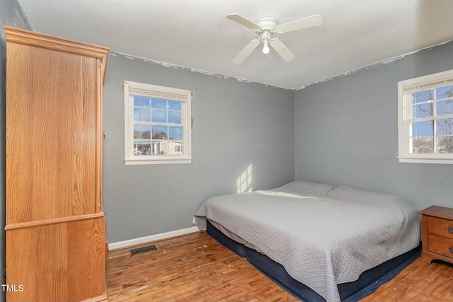 bedroom with ceiling fan and wood-type flooring