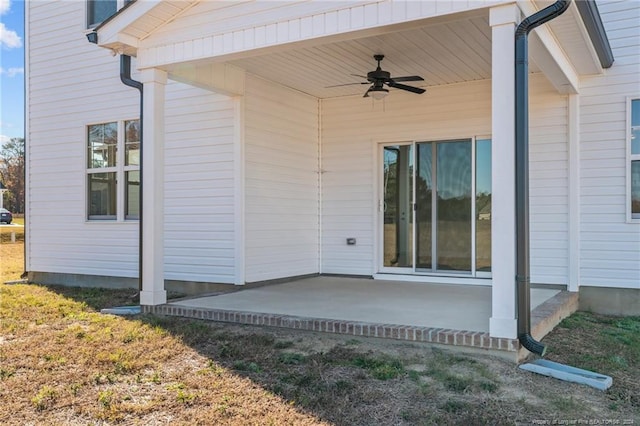 exterior space with a yard, a patio, and ceiling fan