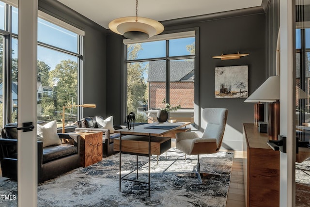 living area with hardwood / wood-style floors, a healthy amount of sunlight, and ornamental molding