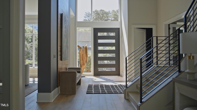 entryway featuring hardwood / wood-style floors and a towering ceiling