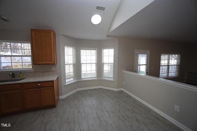 kitchen with vaulted ceiling and sink