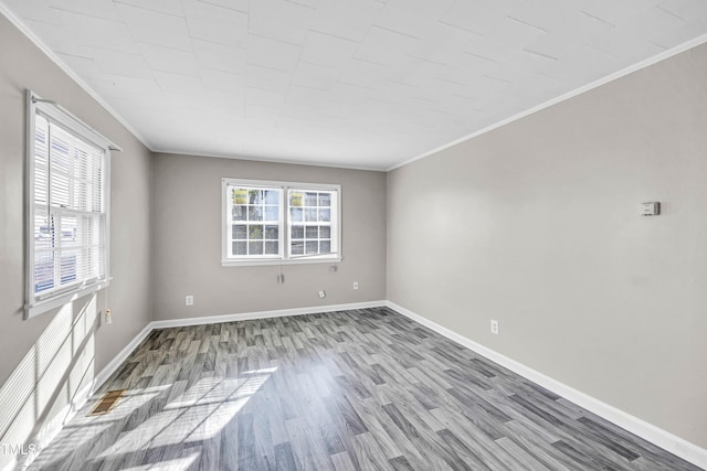 spare room featuring light wood-type flooring and ornamental molding