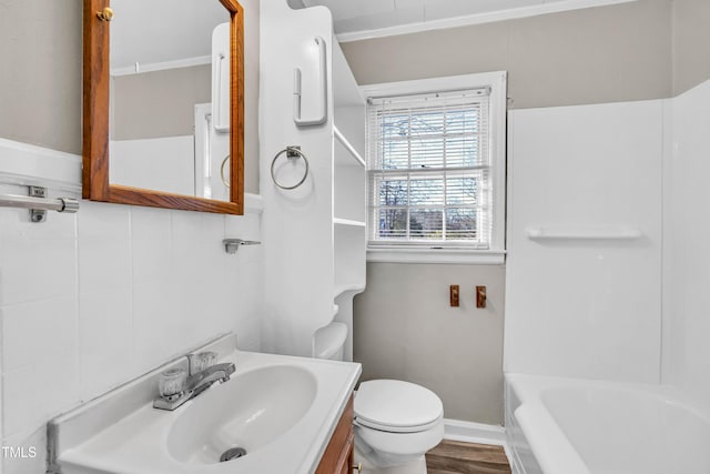 full bathroom with shower / bathing tub combination, vanity, and toilet