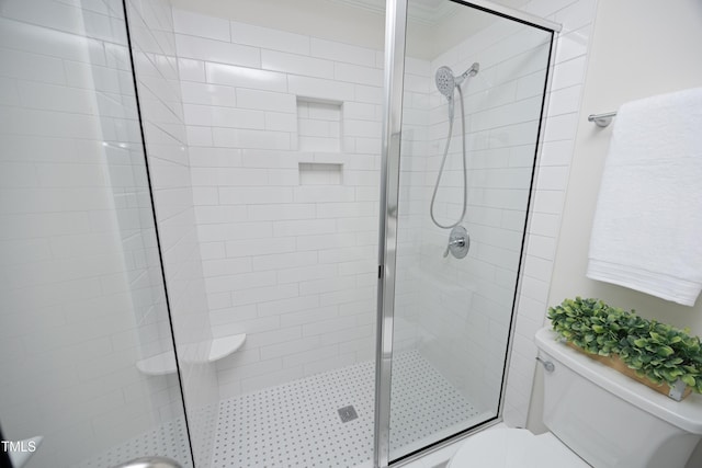 bathroom featuring toilet and a shower with door