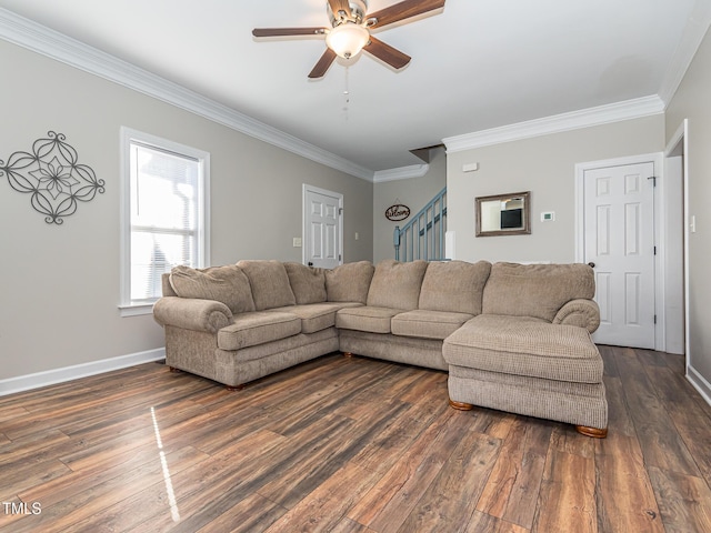 living room featuring baseboards, a ceiling fan, dark wood-style flooring, stairs, and crown molding