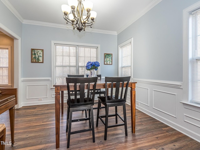 dining room with an inviting chandelier, dark wood-style flooring, and a wealth of natural light