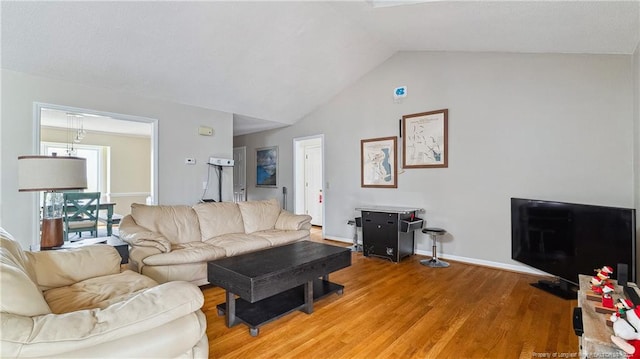 living room with wood-type flooring and lofted ceiling