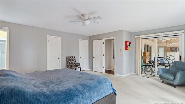 carpeted bedroom with ceiling fan and access to outside