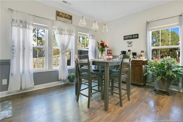 dining area featuring plenty of natural light and dark hardwood / wood-style floors