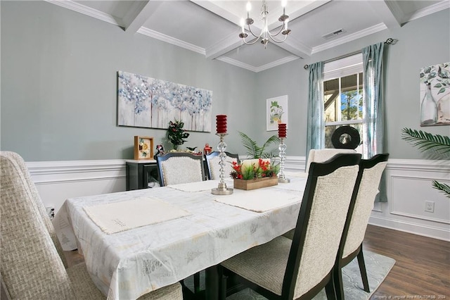 dining space featuring a notable chandelier, dark hardwood / wood-style floors, crown molding, and beam ceiling