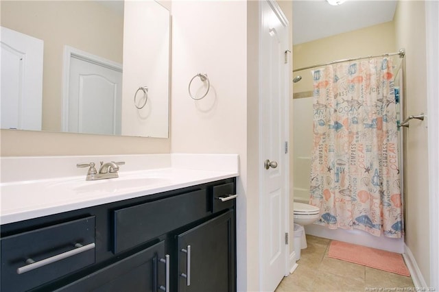 full bathroom featuring tile patterned floors, vanity, shower / bath combination with curtain, and toilet