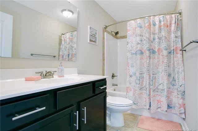 full bathroom featuring tile patterned floors, vanity, toilet, and shower / bath combo with shower curtain