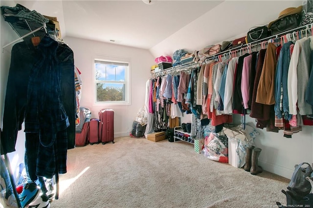 spacious closet with carpet floors and vaulted ceiling