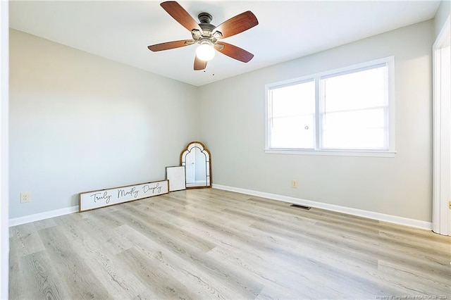 empty room featuring light wood-type flooring and ceiling fan