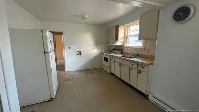 kitchen featuring sink, white cabinets, white appliances, and a baseboard heating unit