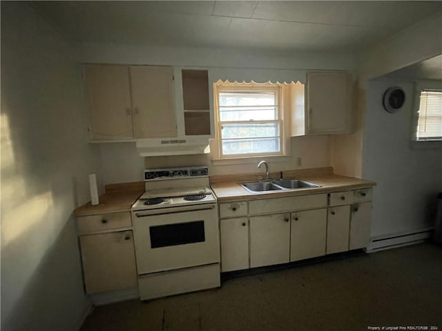 kitchen featuring a baseboard heating unit, white range, sink, range hood, and white cabinetry