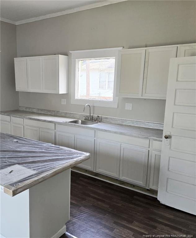 kitchen with white cabinets, dark hardwood / wood-style flooring, ornamental molding, and sink