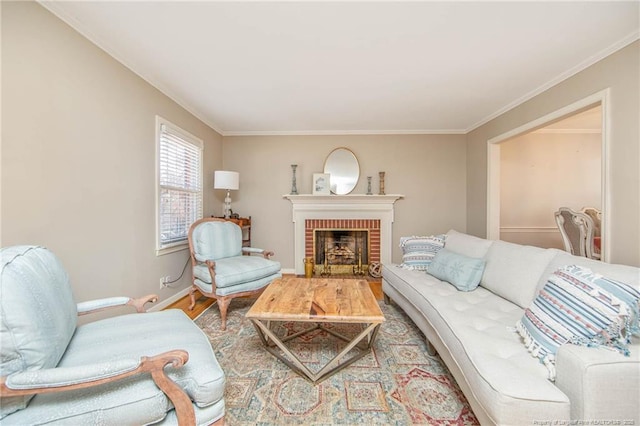 living room featuring a brick fireplace, hardwood / wood-style flooring, and ornamental molding