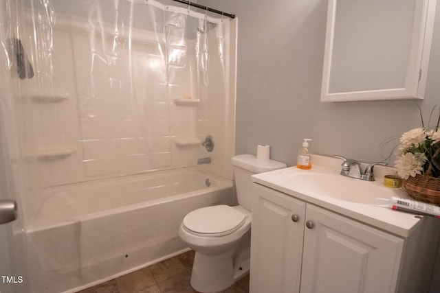 full bathroom with tile patterned floors, vanity, shower / bathtub combination with curtain, and toilet