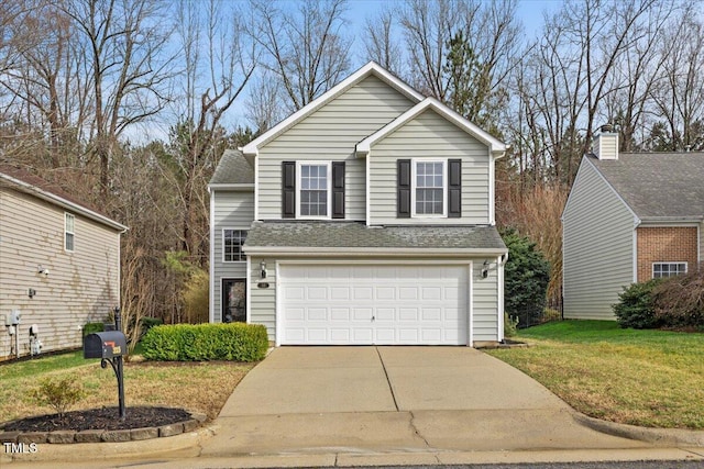 traditional-style home featuring a garage, a front yard, driveway, and a shingled roof