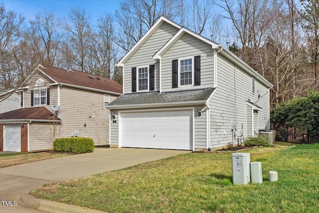 view of home's exterior featuring concrete driveway, roof with shingles, a lawn, and an attached garage