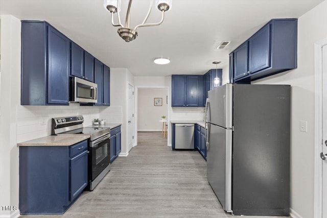 kitchen with stainless steel appliances, decorative backsplash, light wood finished floors, and blue cabinetry