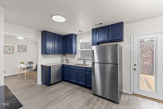 kitchen with stainless steel appliances, a sink, visible vents, light wood-style floors, and blue cabinetry