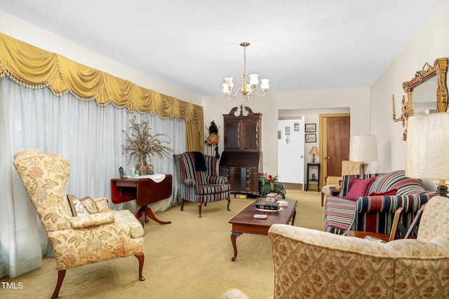 living room featuring light colored carpet and an inviting chandelier